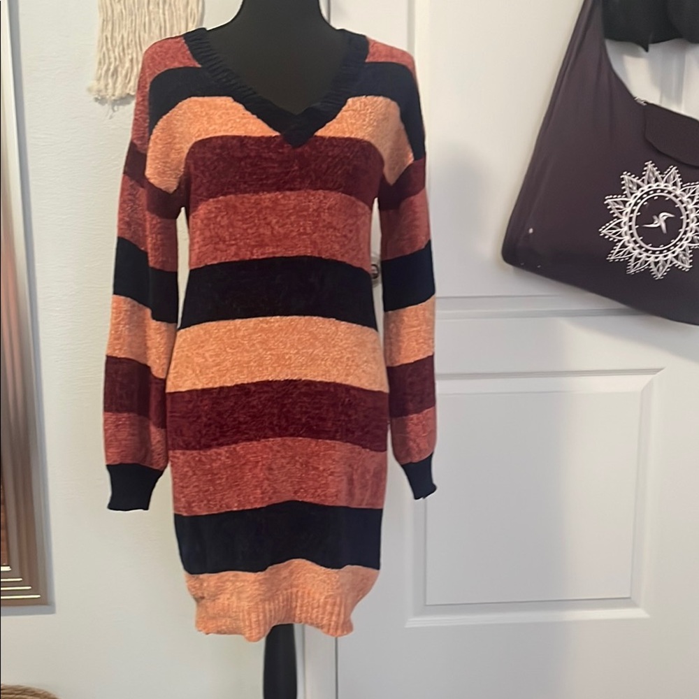 Striped V-Neck Sweater Dress